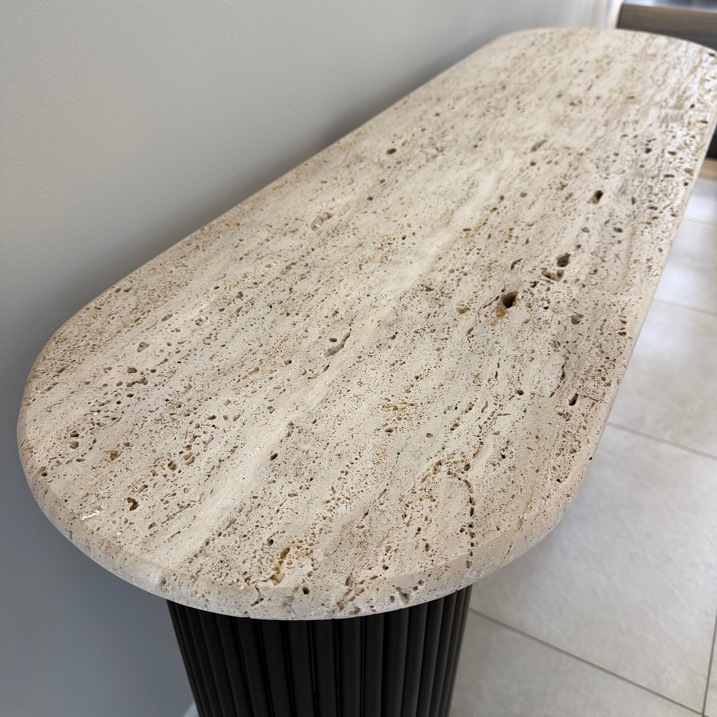 Black Acacia Wood Console Table With Travertine Top