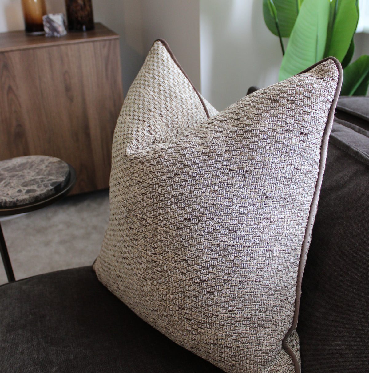 Large Textured Linen Coffee Beige Piped Decorative Cushion