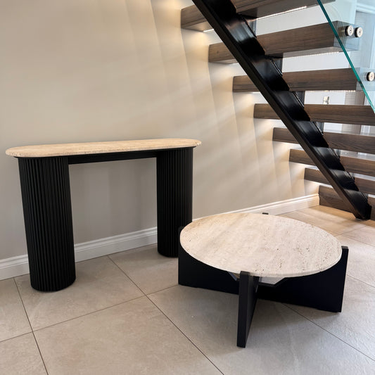 Black Acacia Wood Coffee Table With Travertine Top