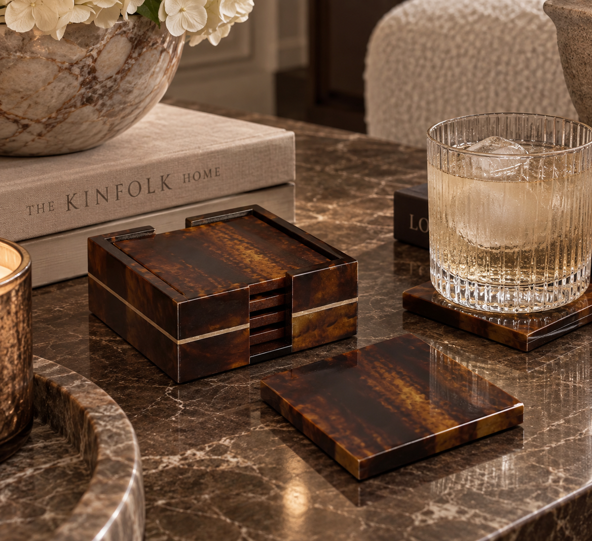 Luxury Brown Resin Set of 4 Coasters With Holder