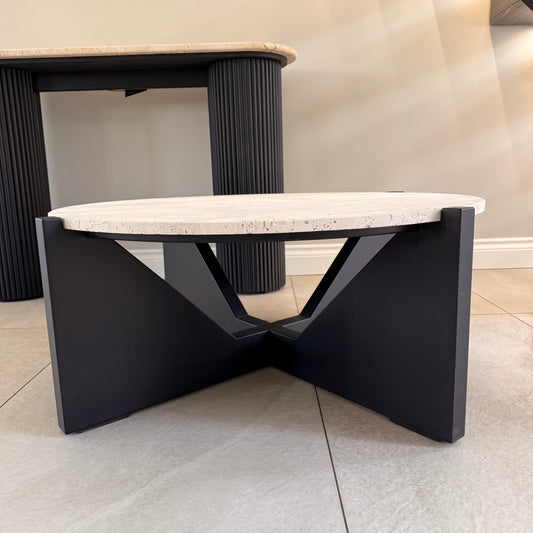 Black Acacia Wood Coffee Table With Travertine Top