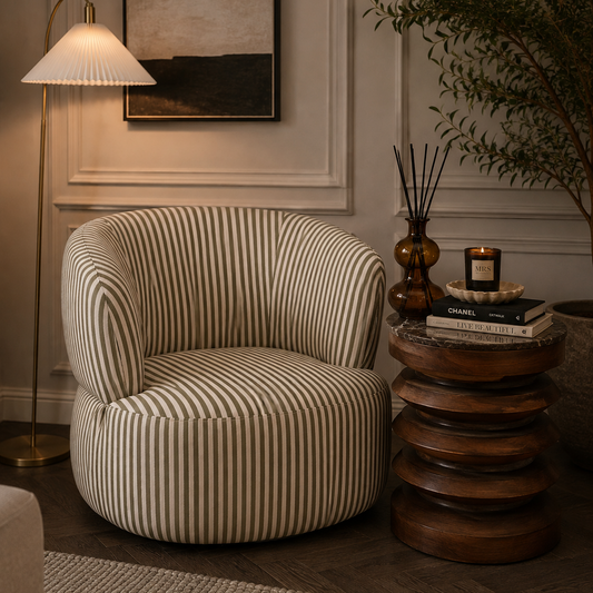 Olive Green and White Stripe Swivel Lounge Chair