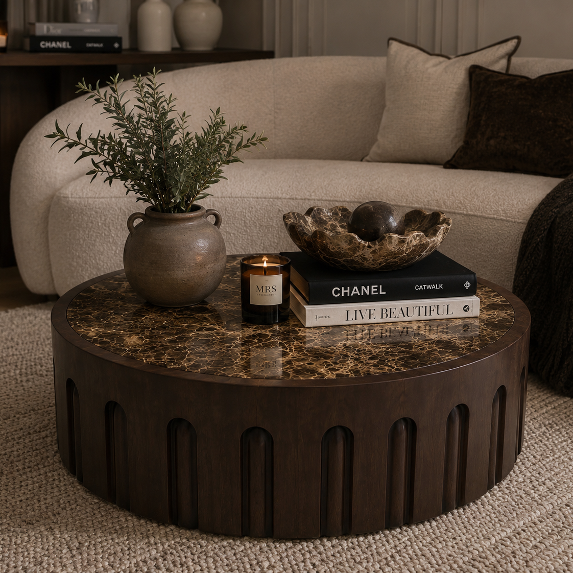 Round Brown Marble and Dark Mango Wood Carved Coffee Table