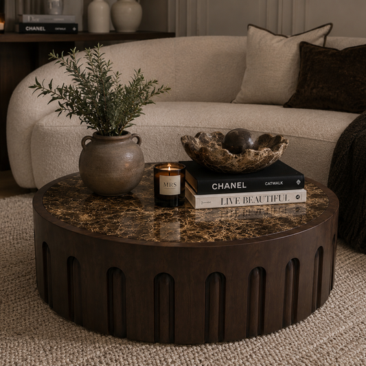 Round Brown Marble and Dark Mango Wood Carved Coffee Table