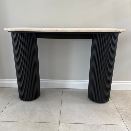 Black Acacia Wood Console Table With Travertine Top