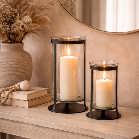 Hammered Glass & Black Iron Hurricane Candle Holder | Large
