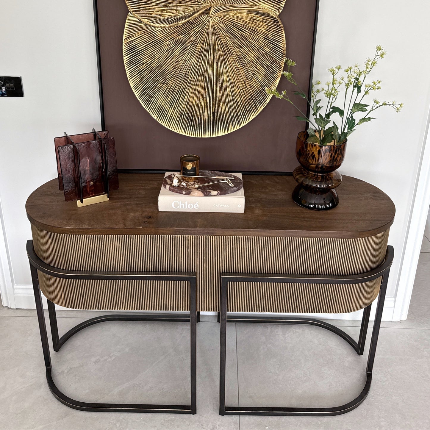 Corrugated Gold/Bronze & Dark Wood Console Table