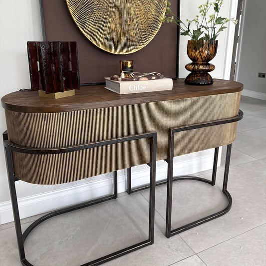 Corrugated Gold/Bronze & Dark Wood Console Table