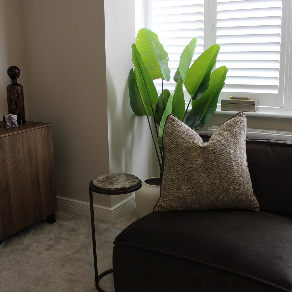 Large Textured Linen Coffee Beige Piped Decorative Cushion