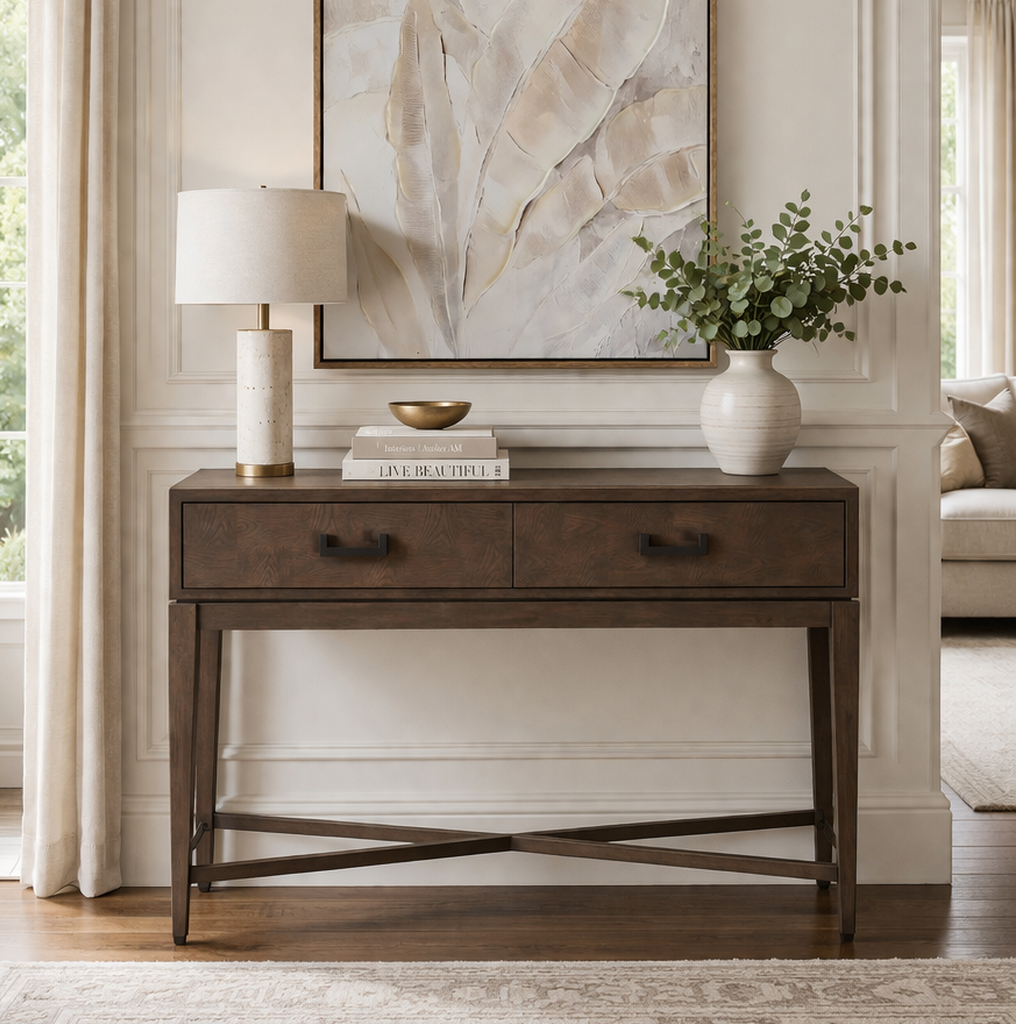 Two Drawer Antique Grey Wood Console Table