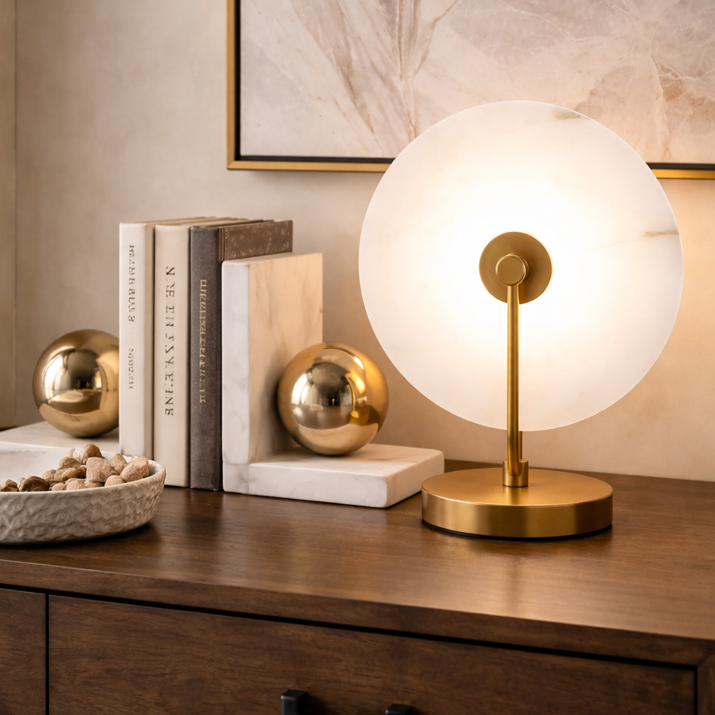 White Marble & Gold Finish Round Table Lamp