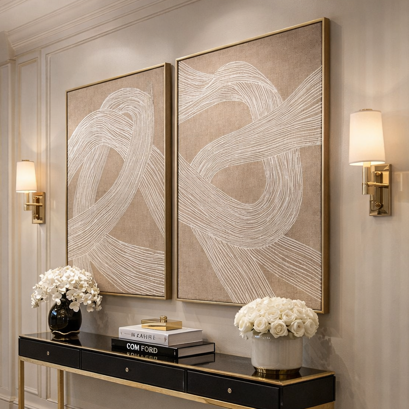 Beige & White Line Art Famed Canvas Wall Art