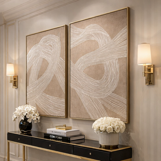 Beige & White Line Art Famed Canvas Wall Art