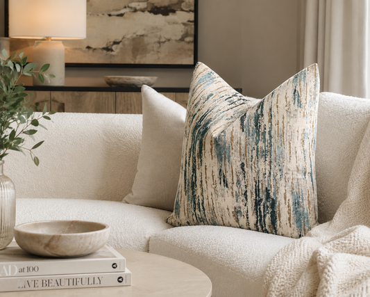 Oyster & Blue Patterned Cushion 50x50cm