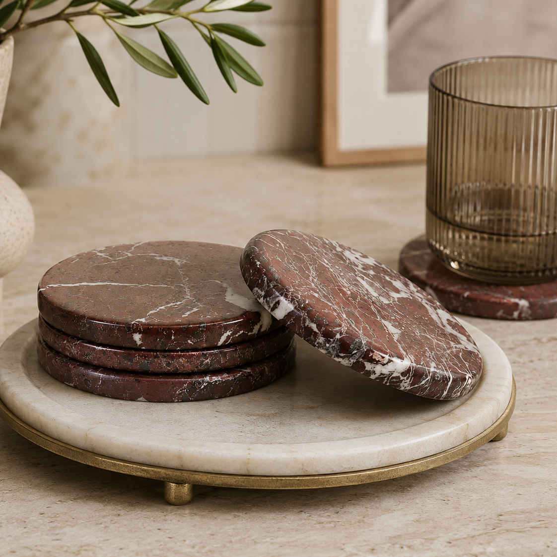 Red Marble Set Of 4 Coasters