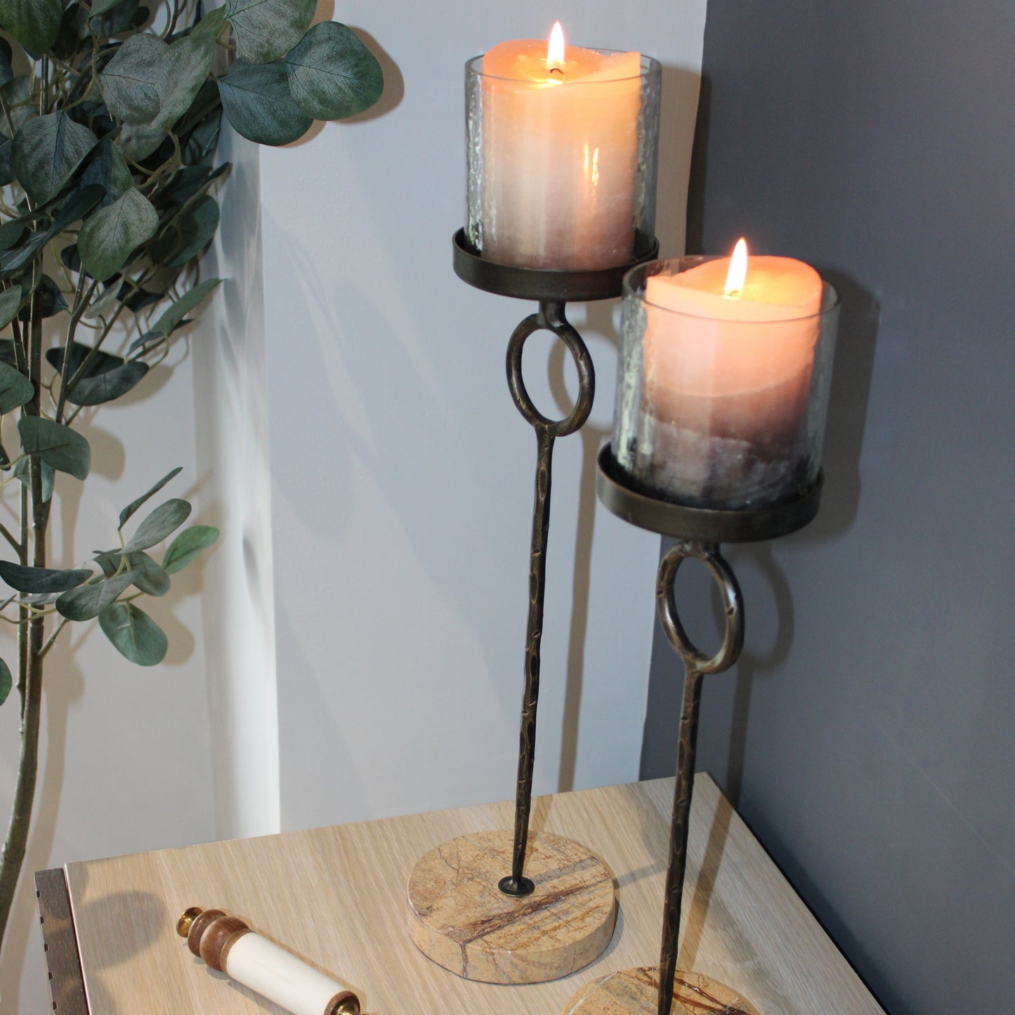 Antique Gold Table Hurricane Candle Holder With Marble Base | Large