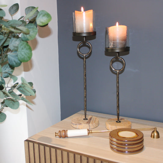 Antique Gold Table Hurricane Candle Holder With Marble Base | Large