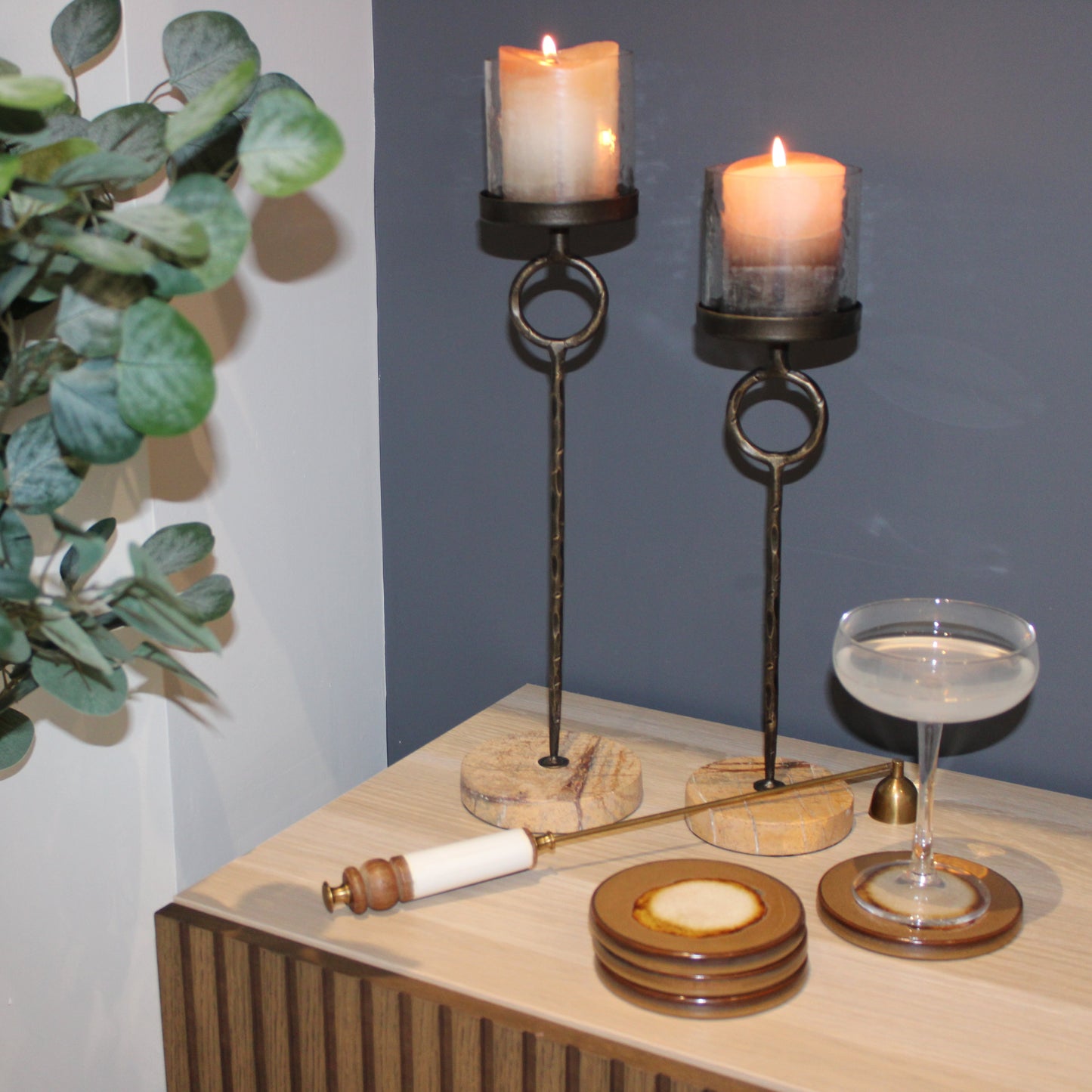 Antique Gold Table Hurricane Candle Holder With Marble Base | Small