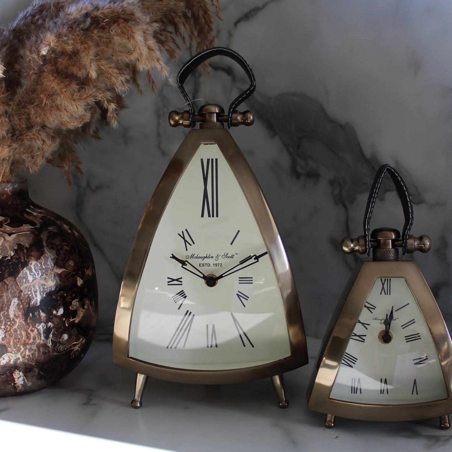Isosceles Triangle Brass Mantal Table Clock | Large