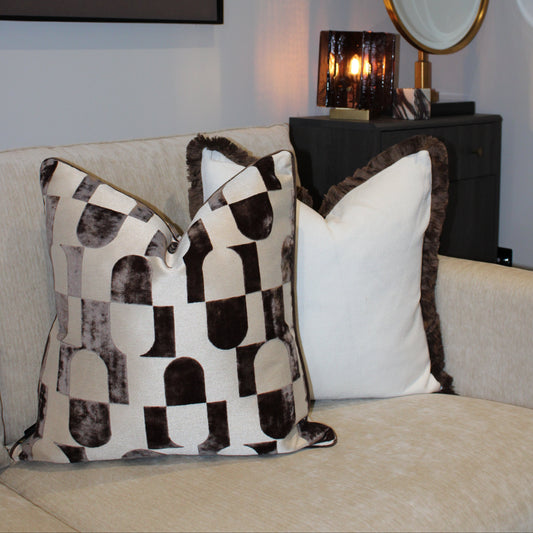 Large Cream & Chocolate Brown Decorative Cushion With Fringe Trim Detail