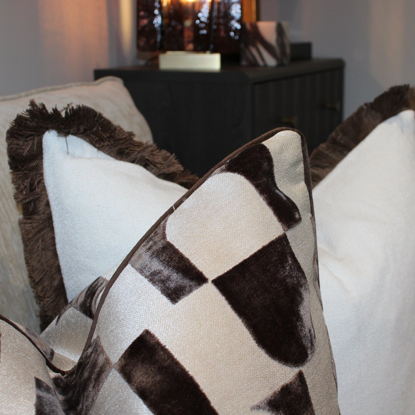Large Cream & Chocolate Brown Decorative Cushion With Fringe Trim Detail