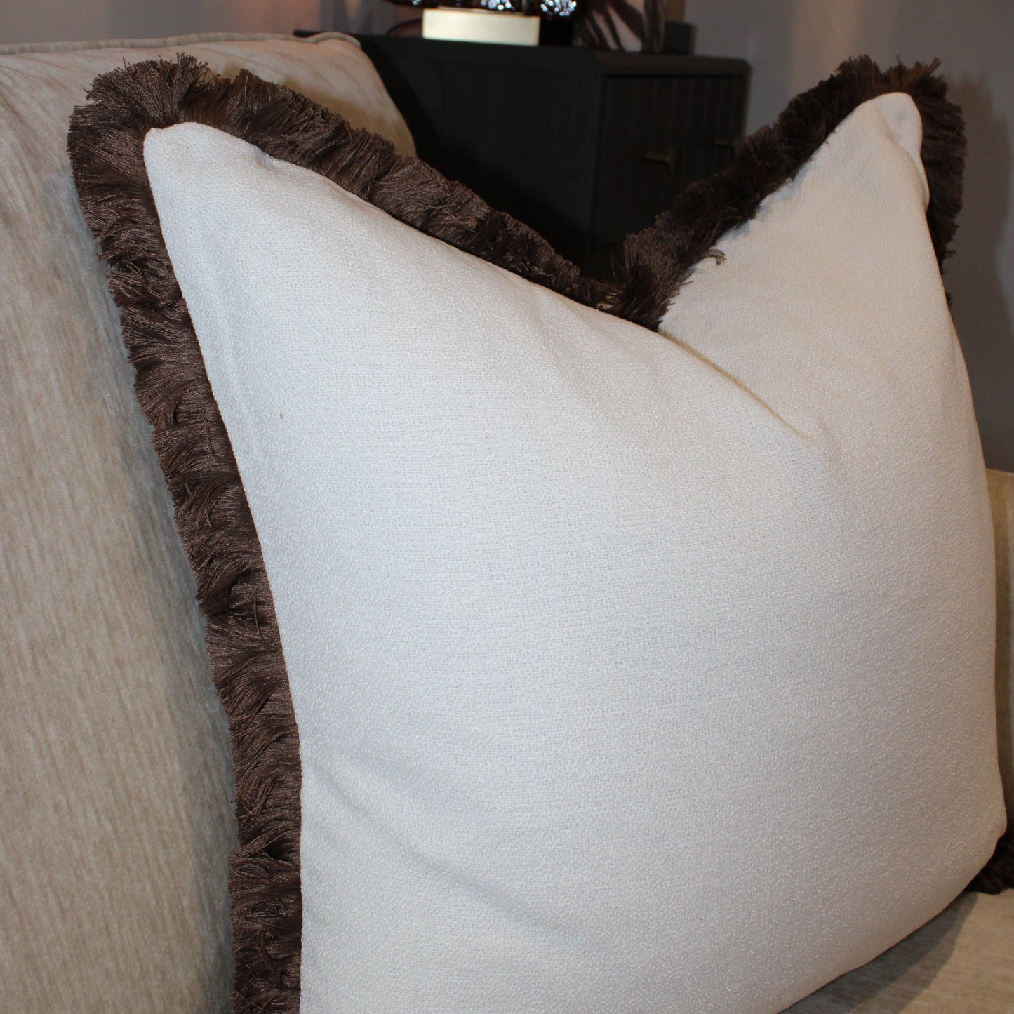 Large Cream & Chocolate Brown Decorative Cushion With Fringe Trim Detail