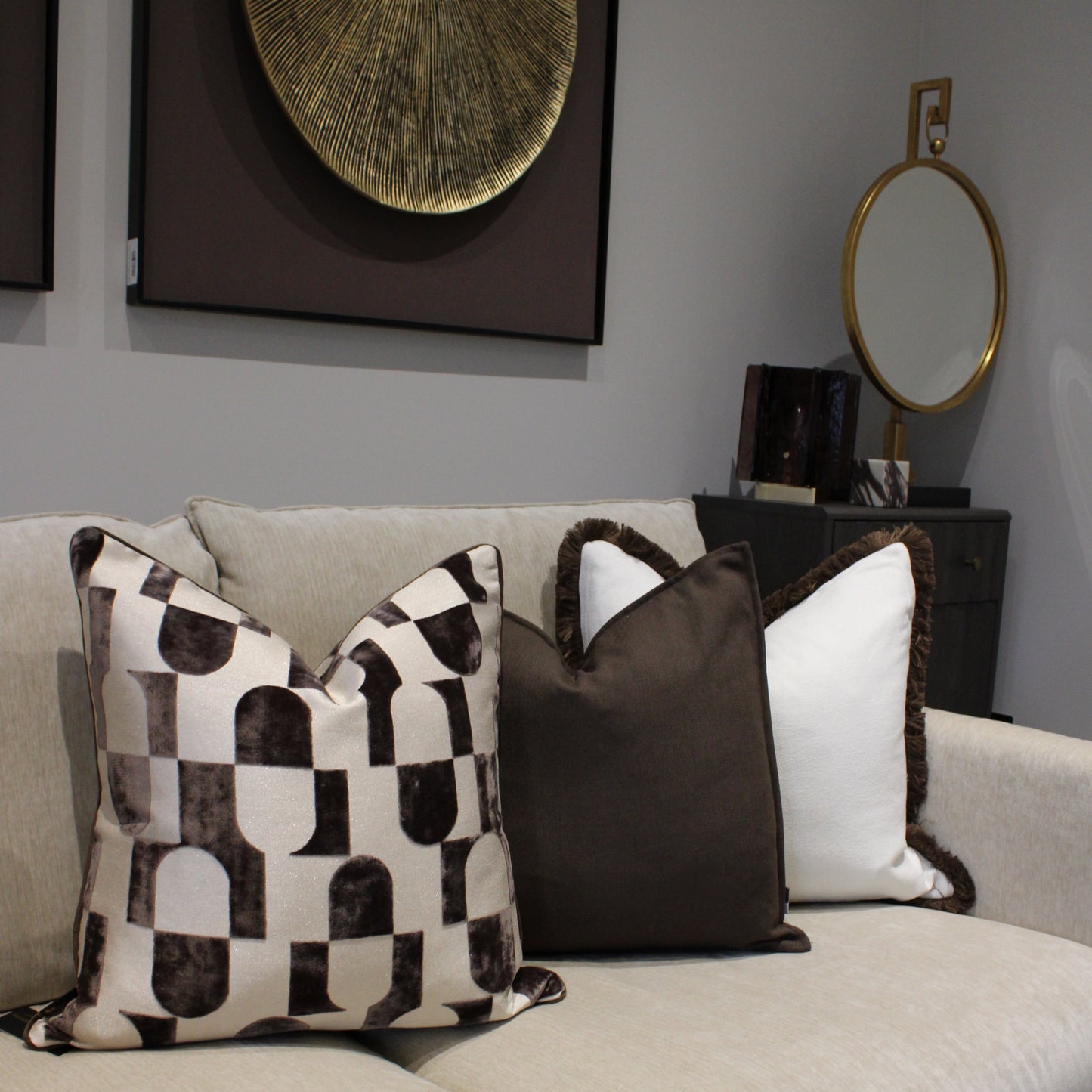 Large Cream & Chocolate Brown Decorative Cushion With Fringe Trim Detail