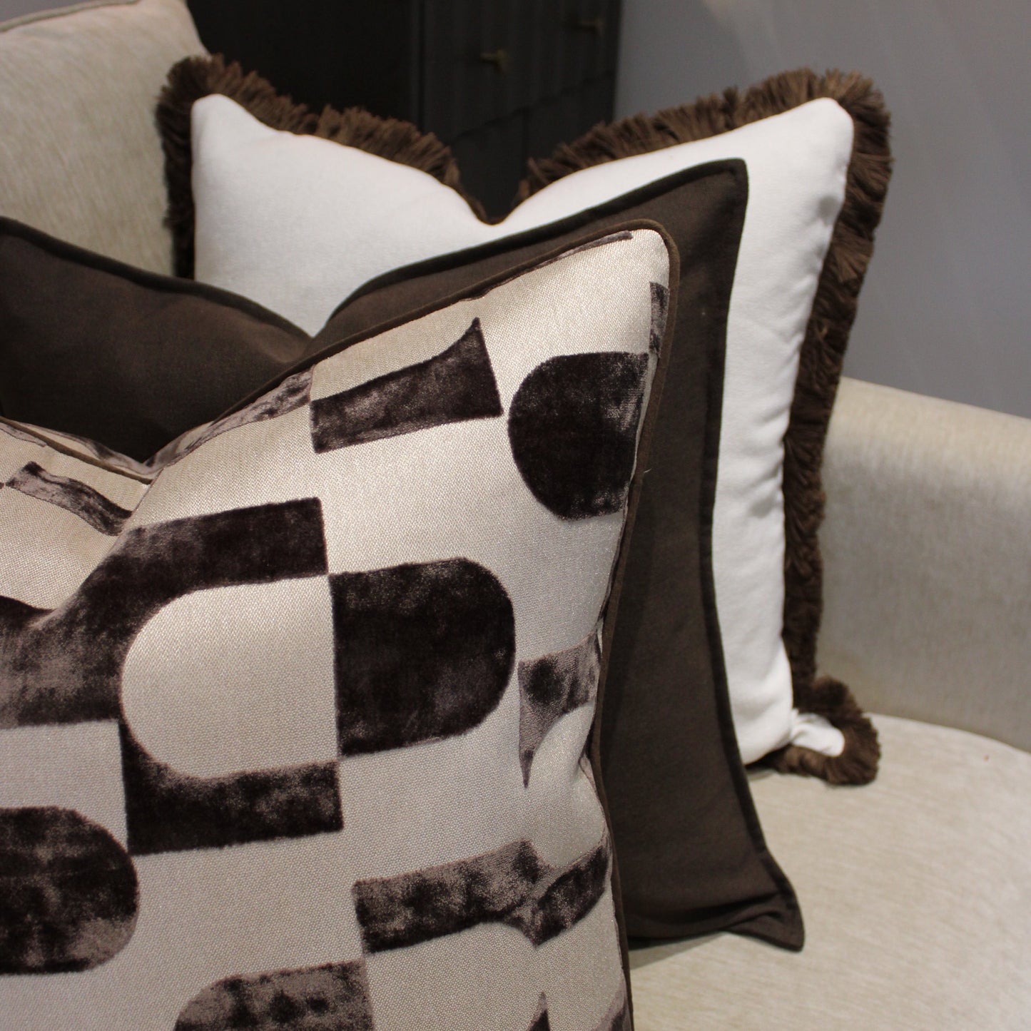 Large Cream & Chocolate Brown Decorative Cushion With Fringe Trim Detail