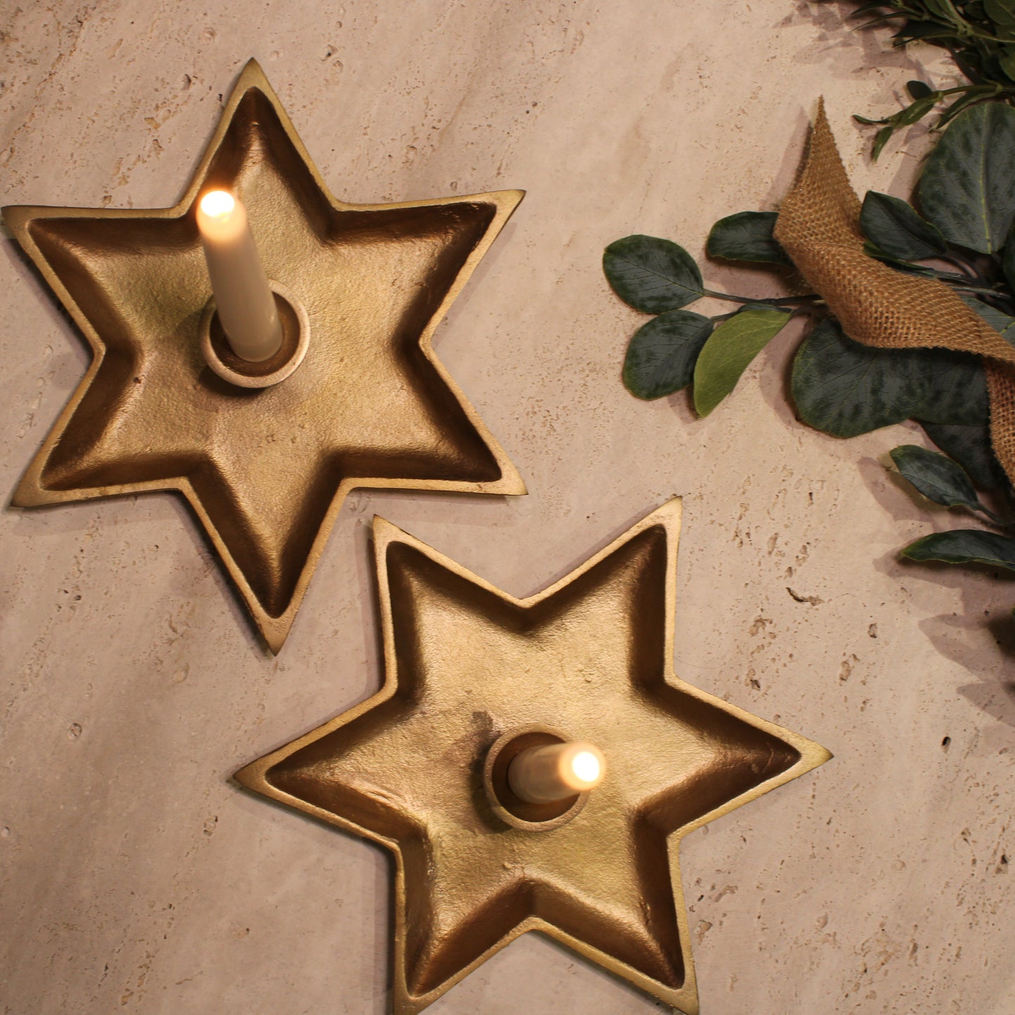 Set Of Two Large Star Gold Christmas Candle Holders
