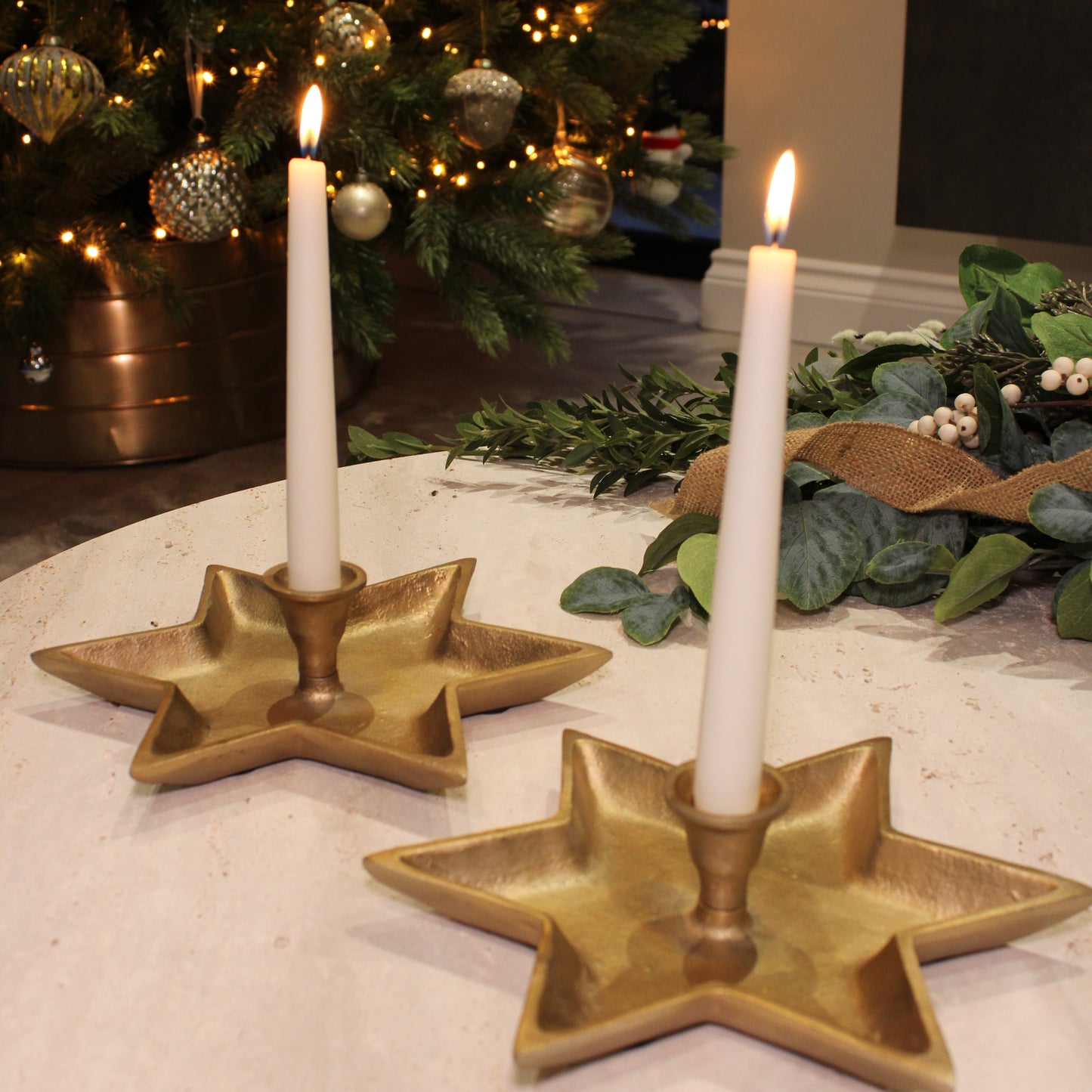 Set Of Two Large Star Gold Christmas Candle Holders