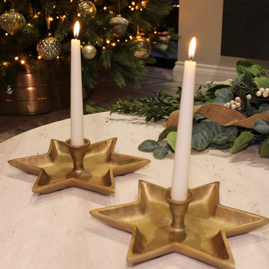 Set Of Two Large Star Gold Christmas Candle Holders