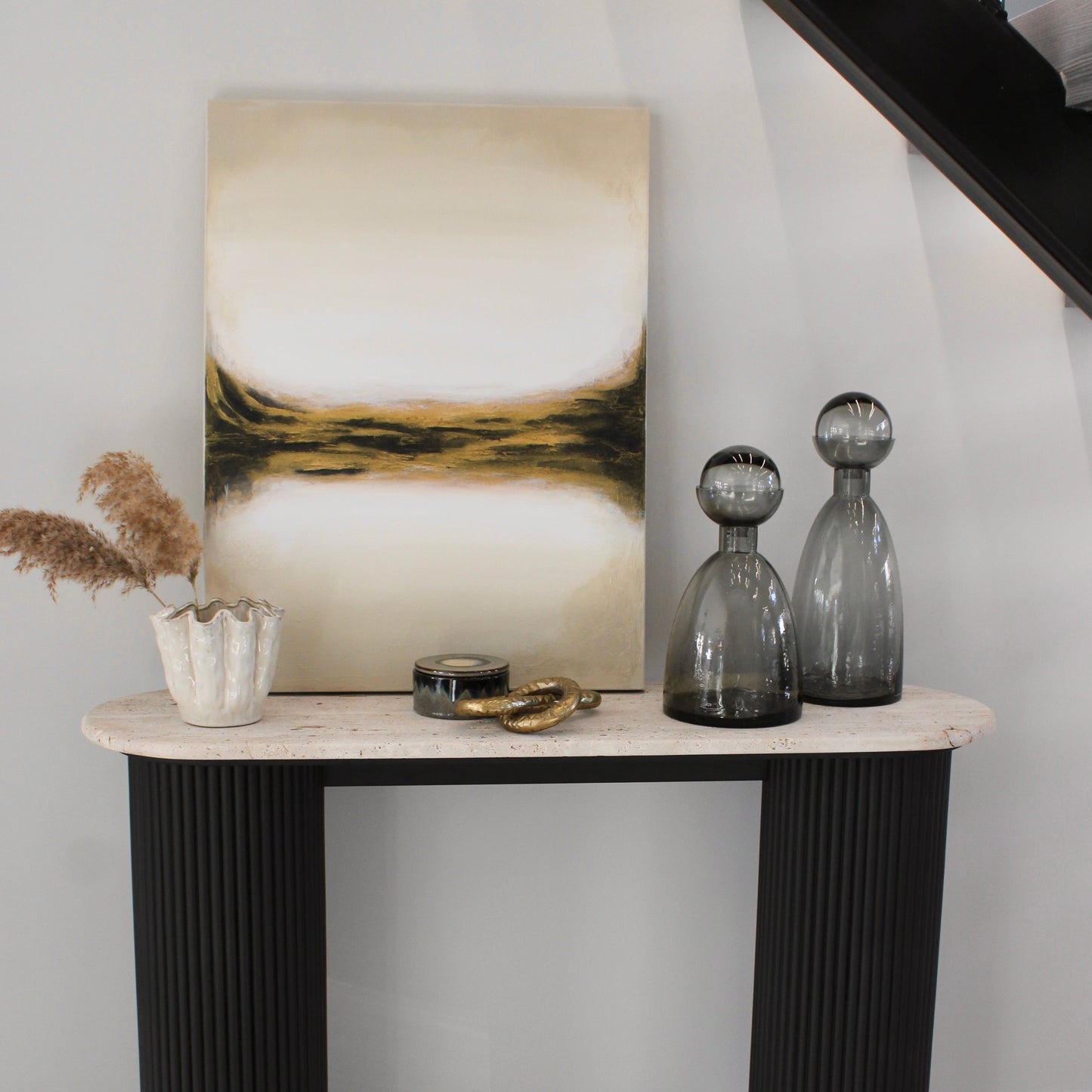 Cream Gold & Navy Handmade Textured Wall Art Canvas