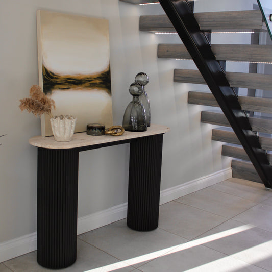 Black Acacia Wood Console Table With Travertine Top