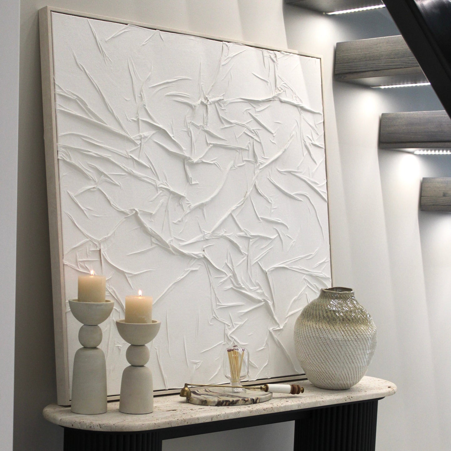 White Pleated Hand Painted Fabric Framed Canvas Wall Art