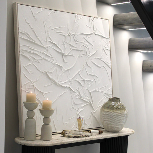 White Pleated Hand Painted Fabric Framed Canvas Wall Art