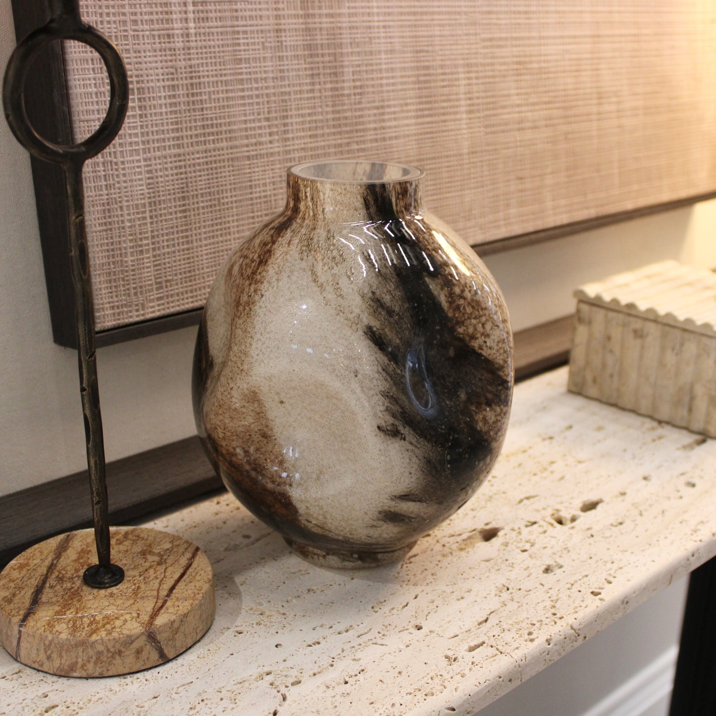 Round Glass Neutral Marbled Vase | Small