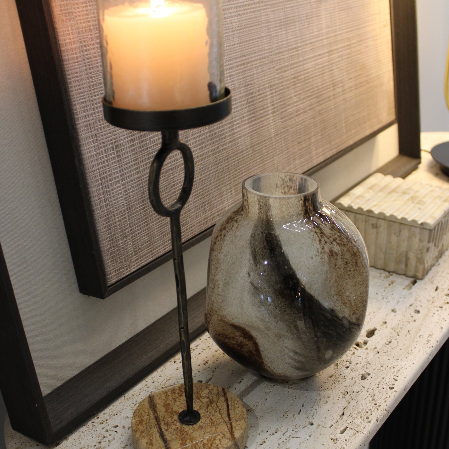 Round Glass Neutral Marbled Vase | Small