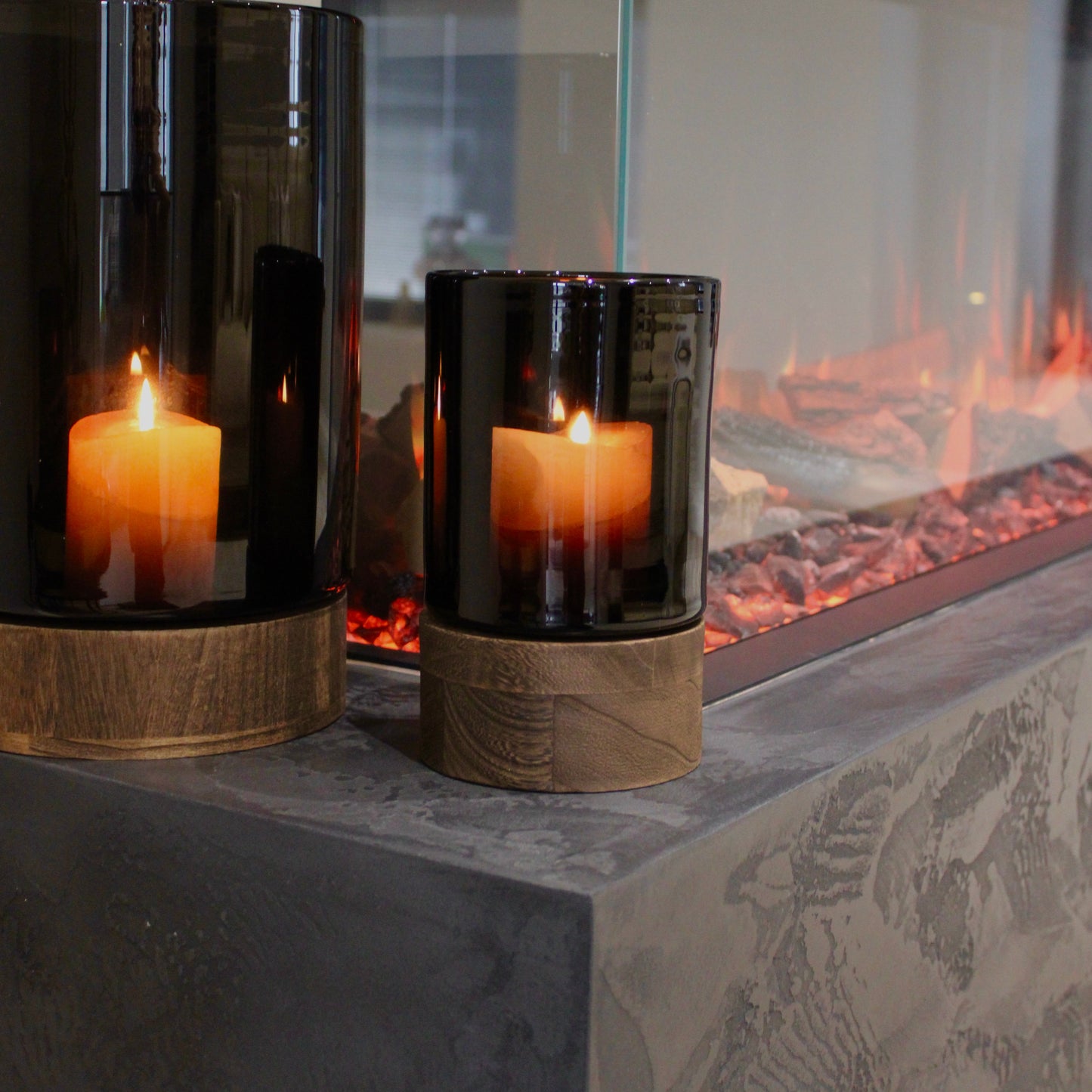 Noir Black Glass Hurricane Candle Holder / Vase With Wooden Base | Small