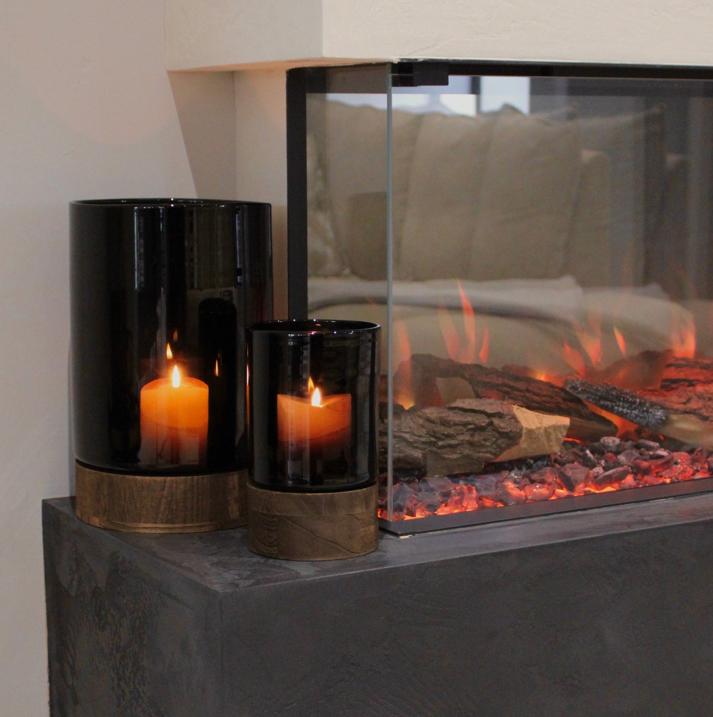 Noir Black Glass Hurricane Candle Holder / Vase With Wooden Base | Small