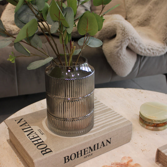 Medium Grey Smoked Glass Ribbed Vase