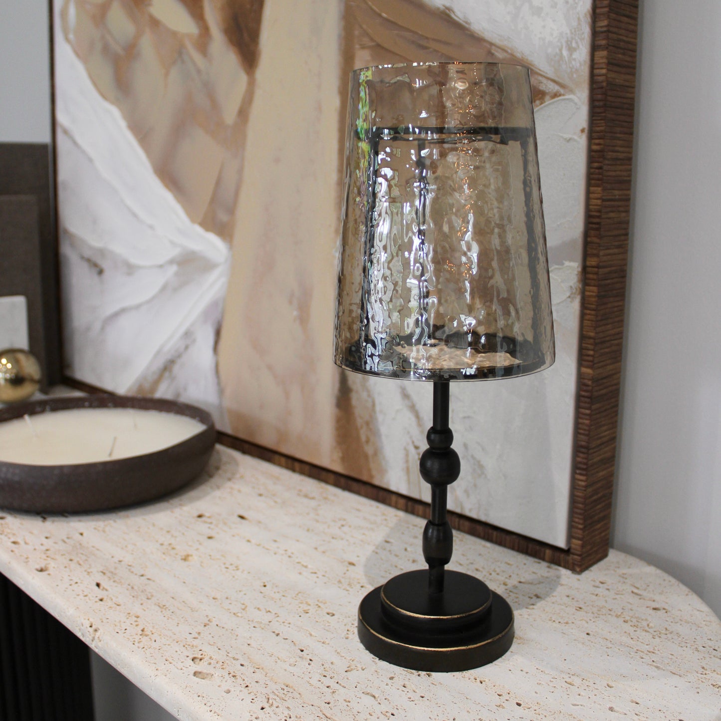 Bronze & Hammered Glass Table Candle Holder/Hurricane