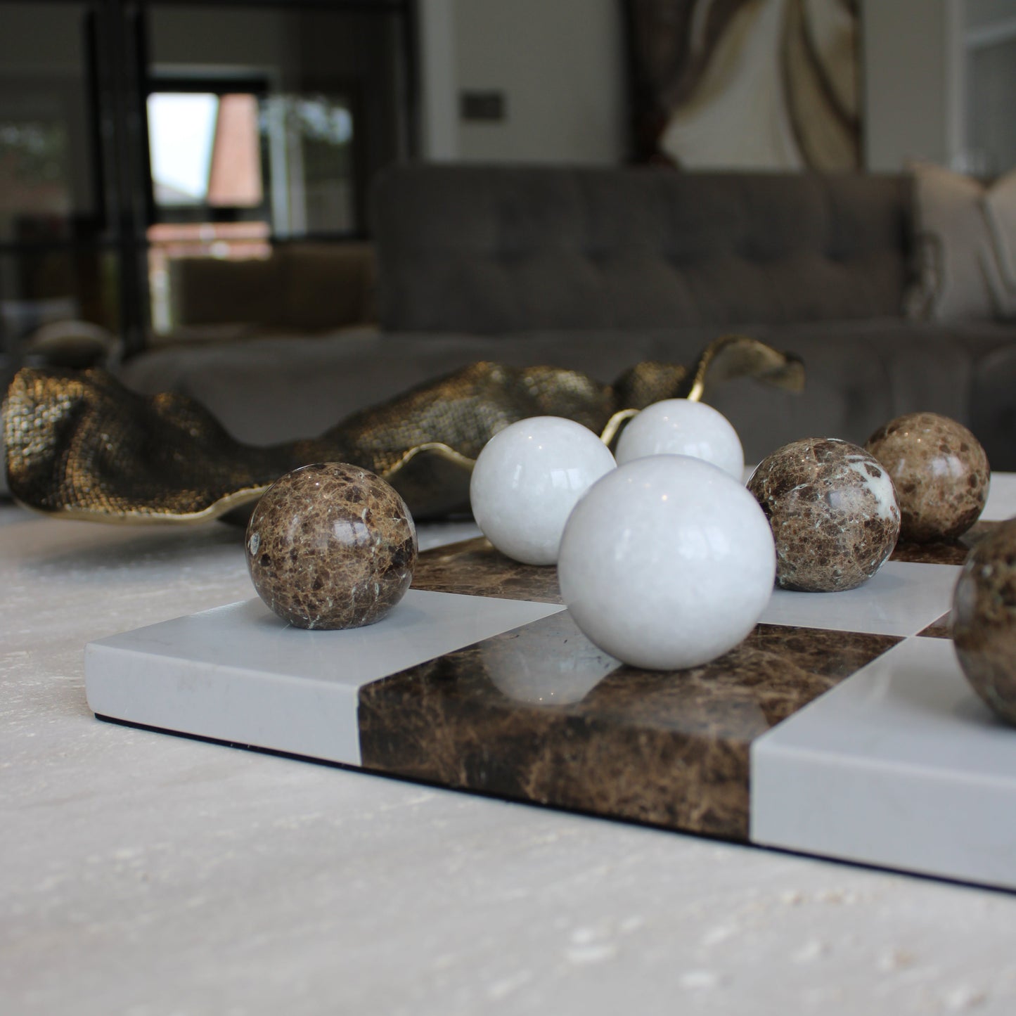Brown & White Marble Tic Tac Toe Game