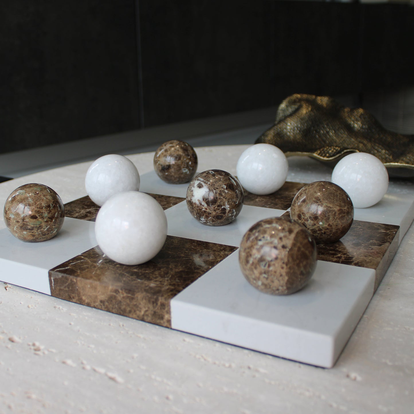 Brown & White Marble Tic Tac Toe Game