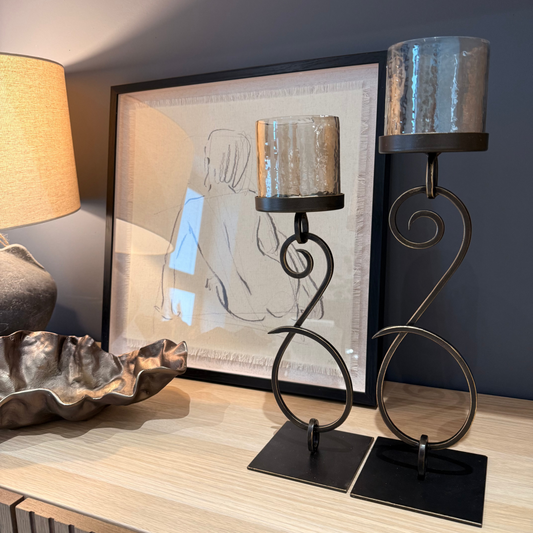 Large Iron & Smoked Glass Candle Holder