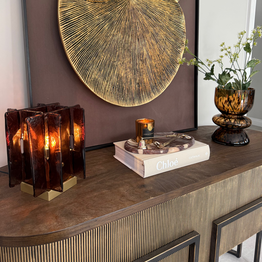 Modern Art Deco Amber Smoked Glass & Brass Lamp