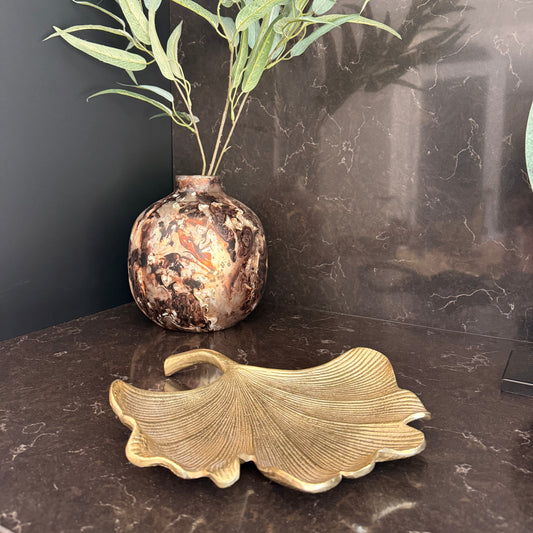 Large Antique Gold Finish Leaf Dish Bowl