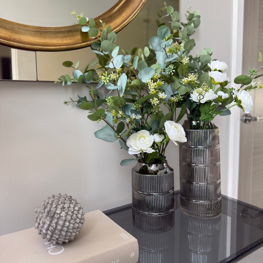 Large Grey Smoked Glass Ribbed Vase
