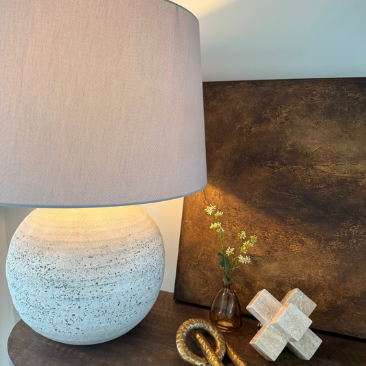 Large Stone Ceramic Lamp With Grey Fabric Shade