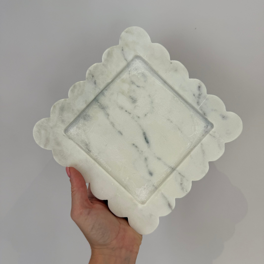 White Marble Square Small Tray with Scallop Edges