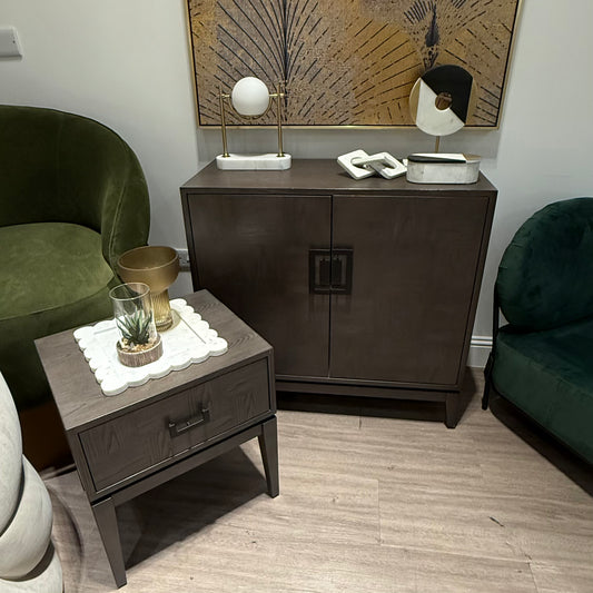 One Drawer Antique Grey Wood Side Table With Black Handle